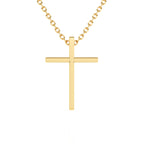 Yellow gold cross necklace on a white background.