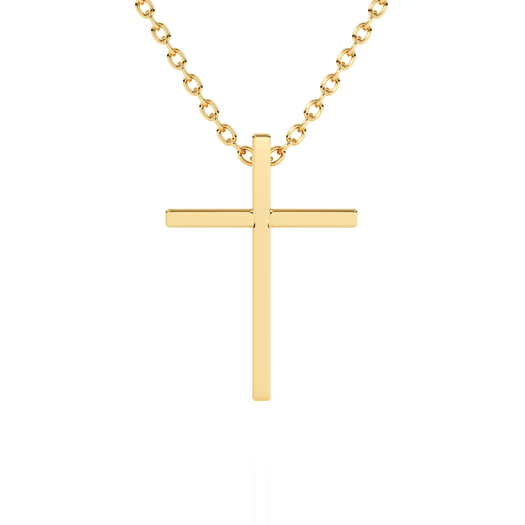 Yellow gold cross necklace on a white background.