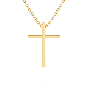 Yellow gold cross necklace on a white background.