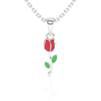Sterling silver necklace with a red rose pendant on a white background.