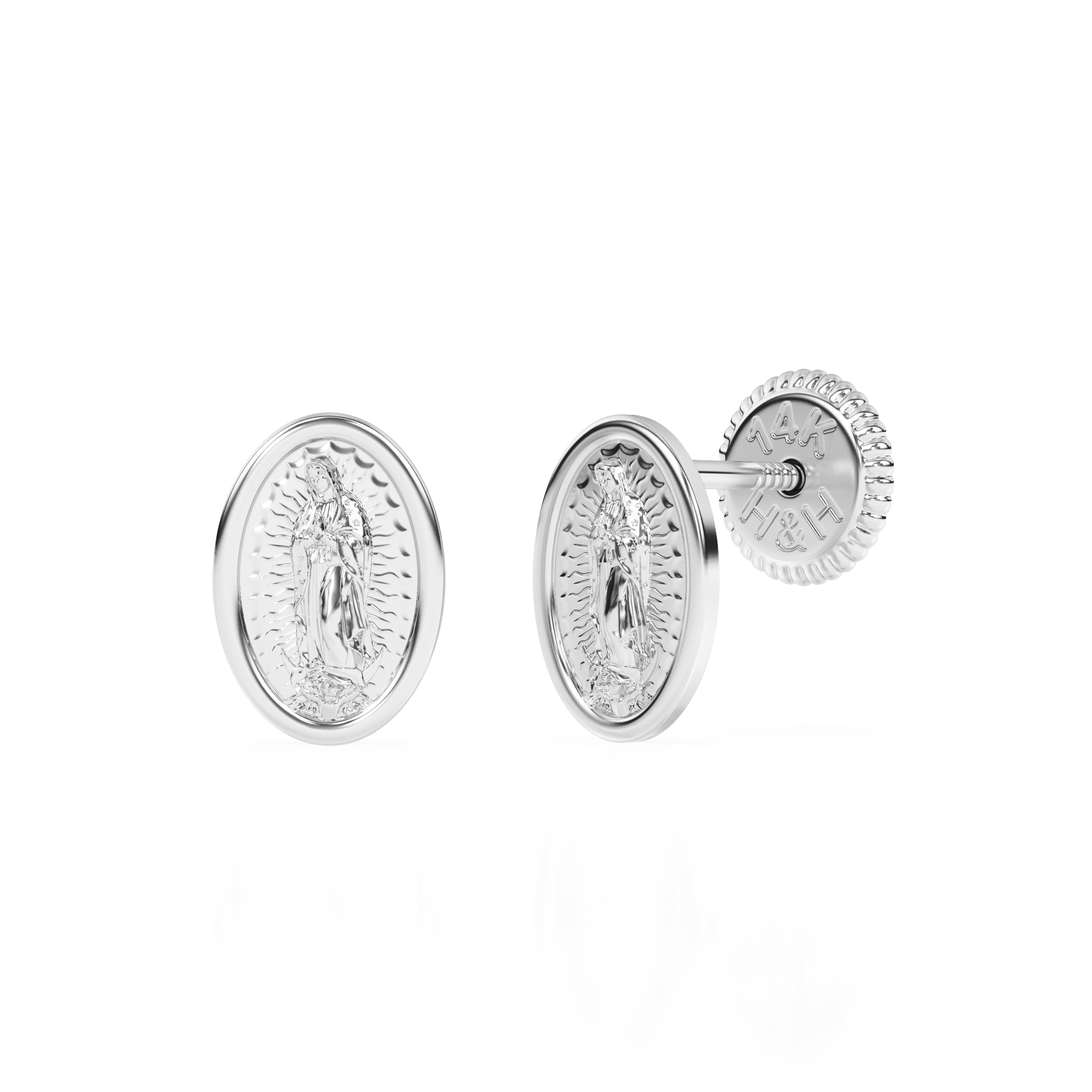 Our Lady of Guadalupe Stud Earrings - Solid 14K White Gold, Screw Back, for Babies & Children