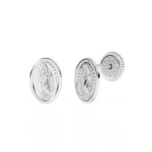 Our Lady of Guadalupe Stud Earrings - Solid 14K White Gold, Screw Back, for Babies & Children