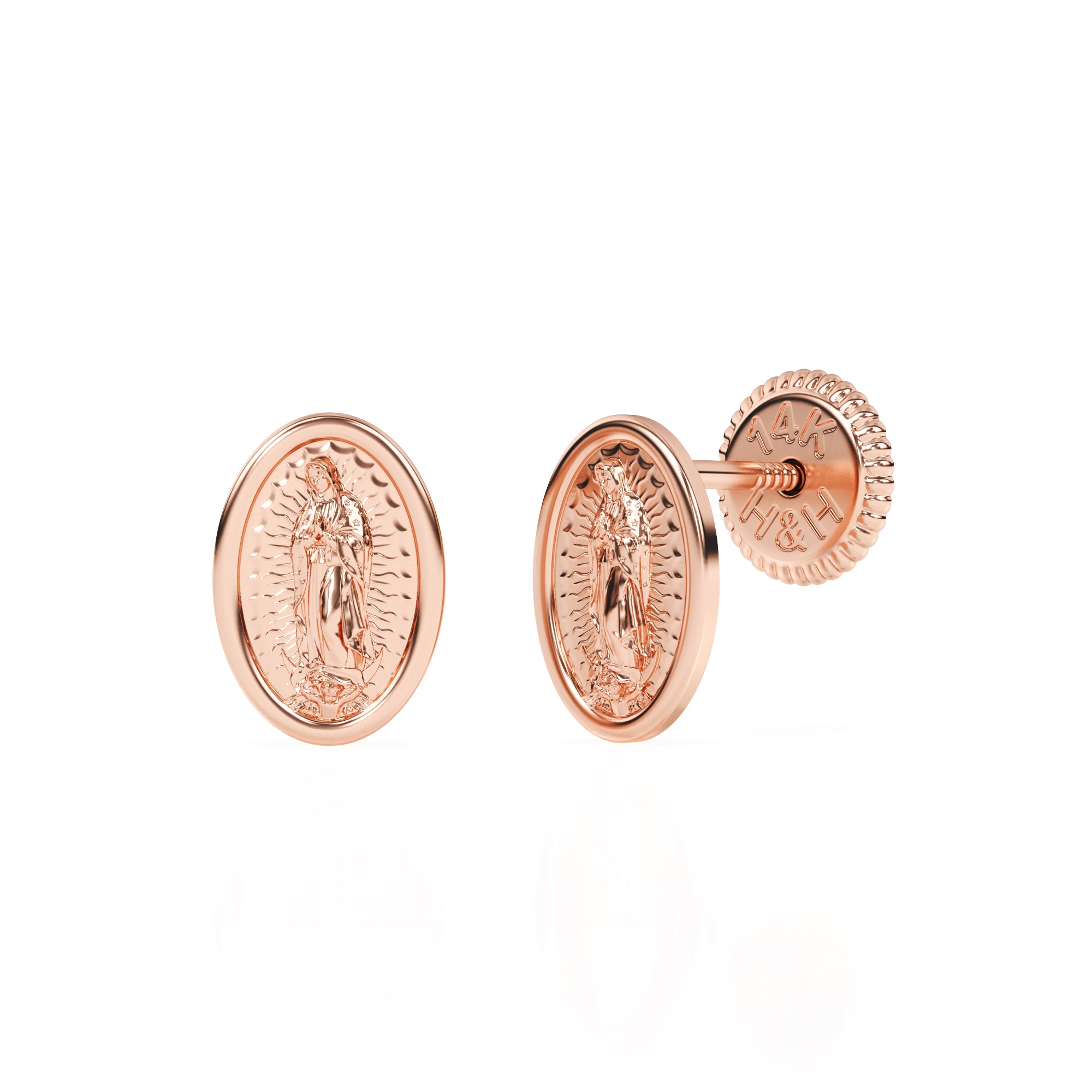 Rose gold Our Lady of Guadalupe stud earrings with screwback post.