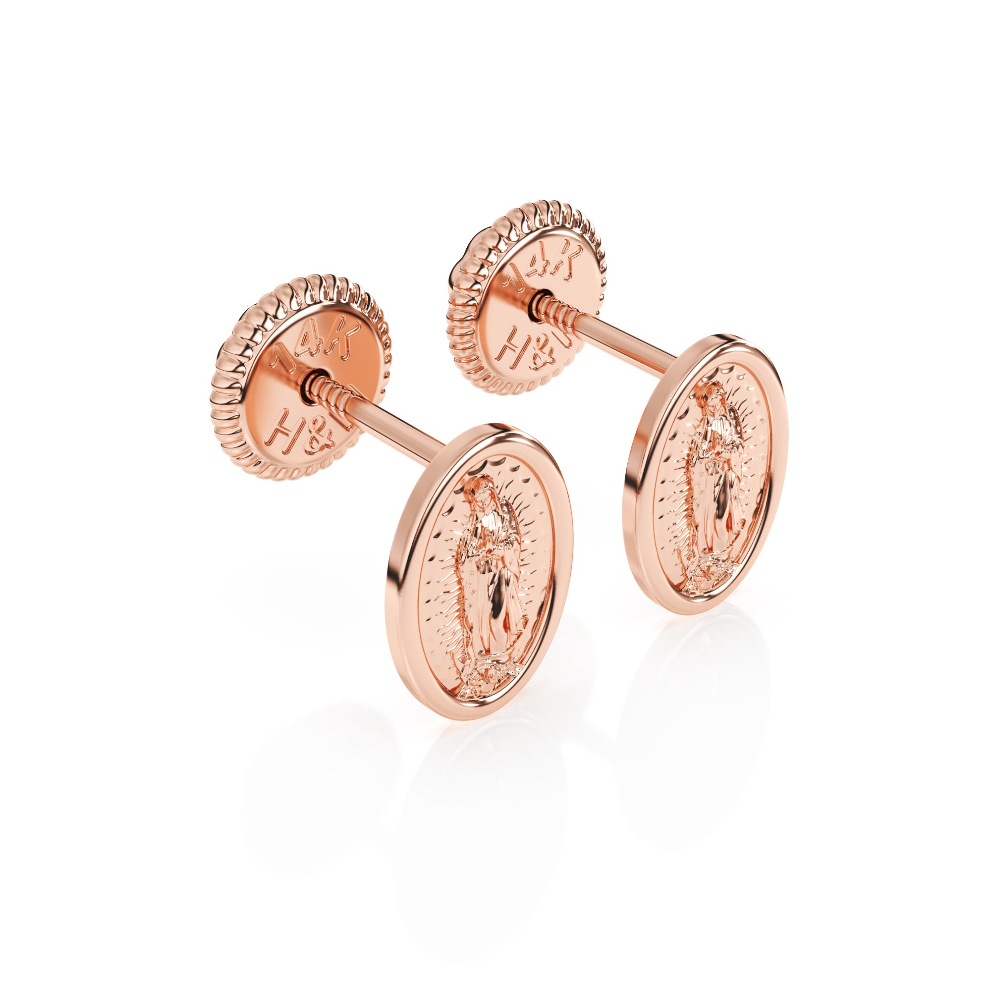 Rose gold Our Lady of Guadalupe stud earrings with screwback post.