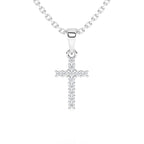 Sterling silver cross pendant with clear pave set CZ necklace on a white background.