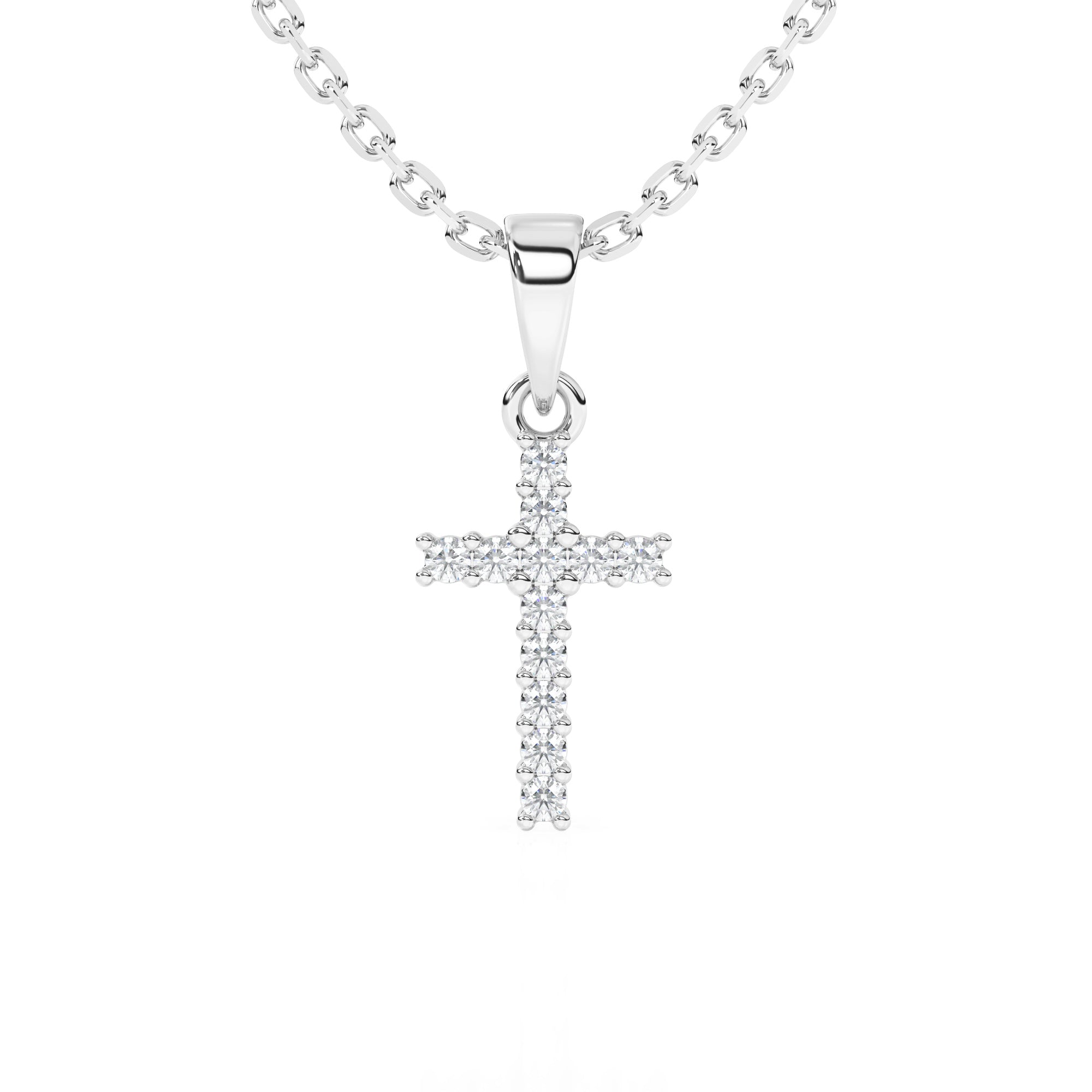 Sterling silver cross pendant with clear pave set CZ necklace on a white background.
