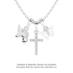 Sterling silver cross pendant with clear pave set CZ necklace on a white background.