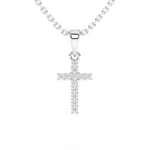 Sterling silver cross pendant with clear pave set CZ necklace on a white background.