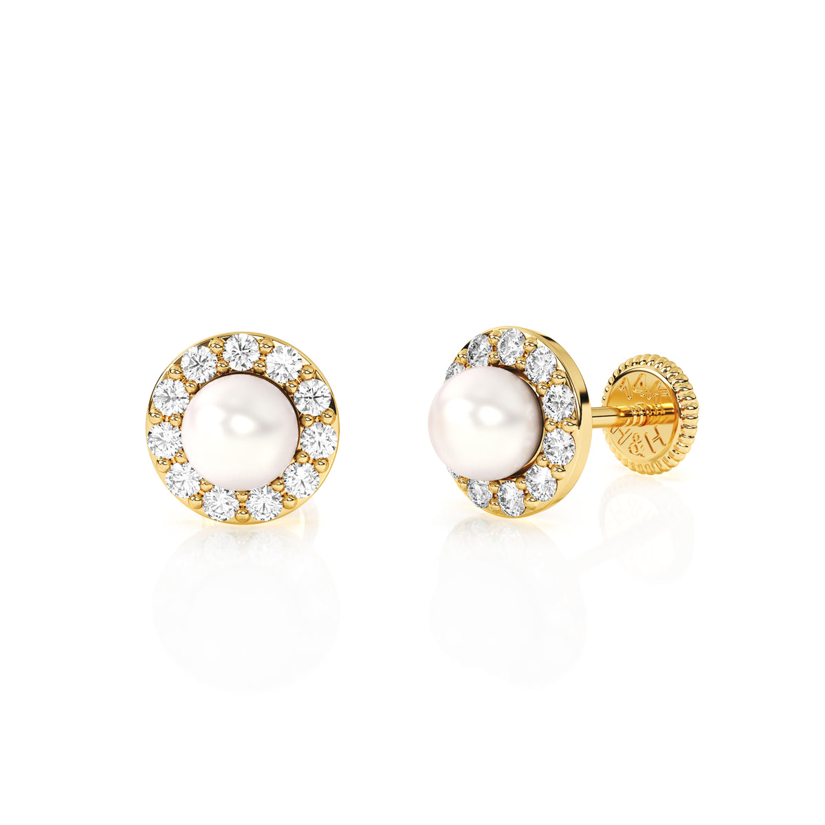 Front view of Pearl Halo AAA-pearl clear CZ stud earrings in solid 14K yellow gold with screw-back posts.