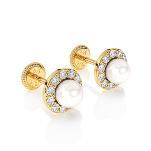 Front top-down view of Pearl Halo AAA-pearl clear CZ stud earrings in solid 14K yellow gold with screw-back posts.