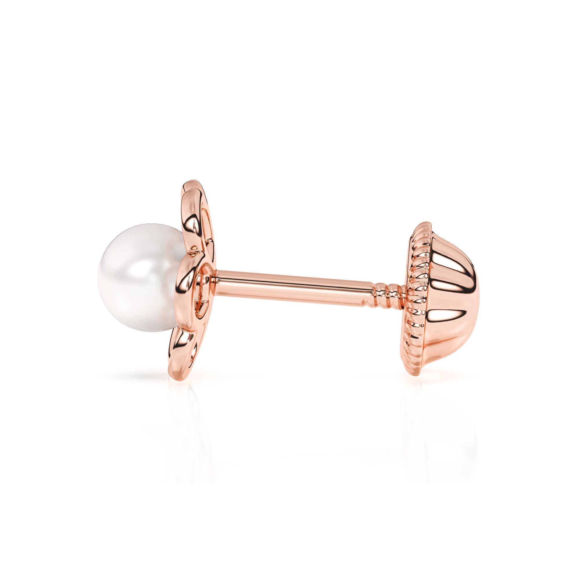 Rose gold stud earrings with screwback post and flower shape with a pearl in the center.