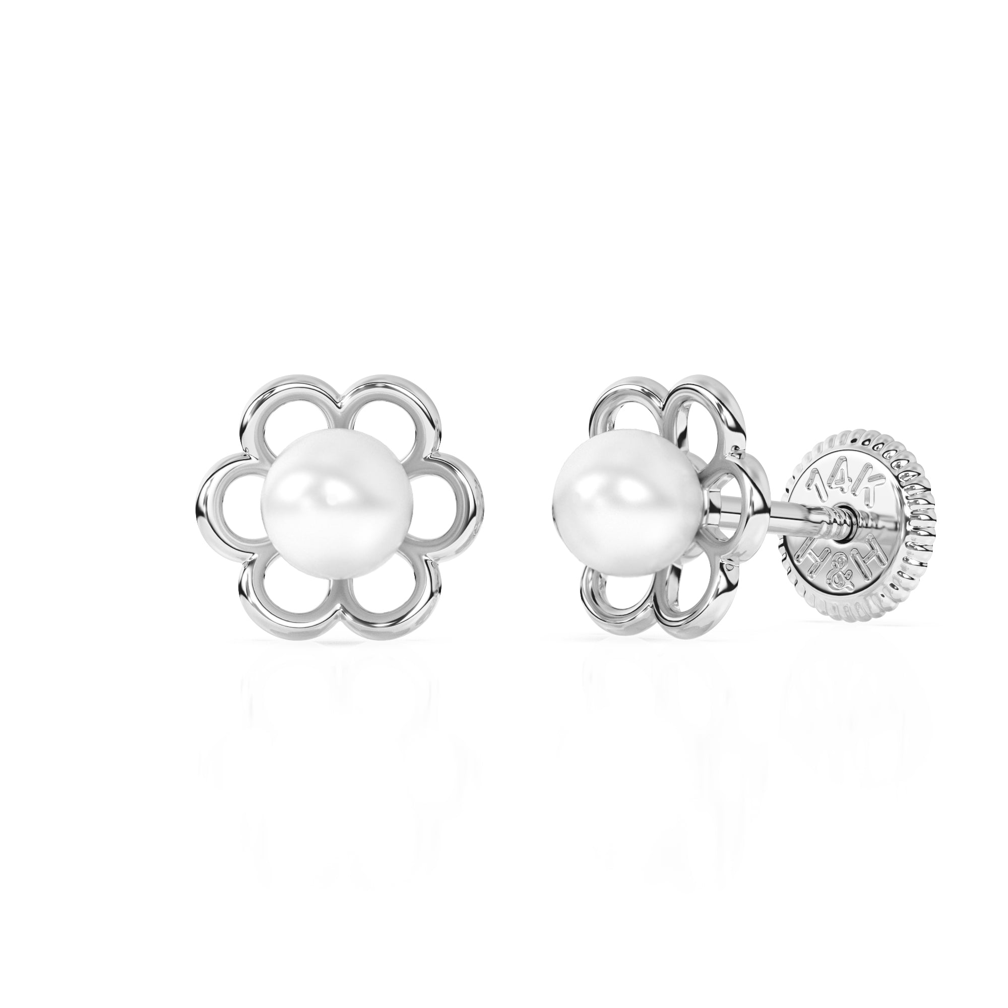 Pétalos y Perlas, Aretes de Perla AAA - Oro Blanco Sólido de 14 K, Cierre de Rosca, para Bebés y Niños