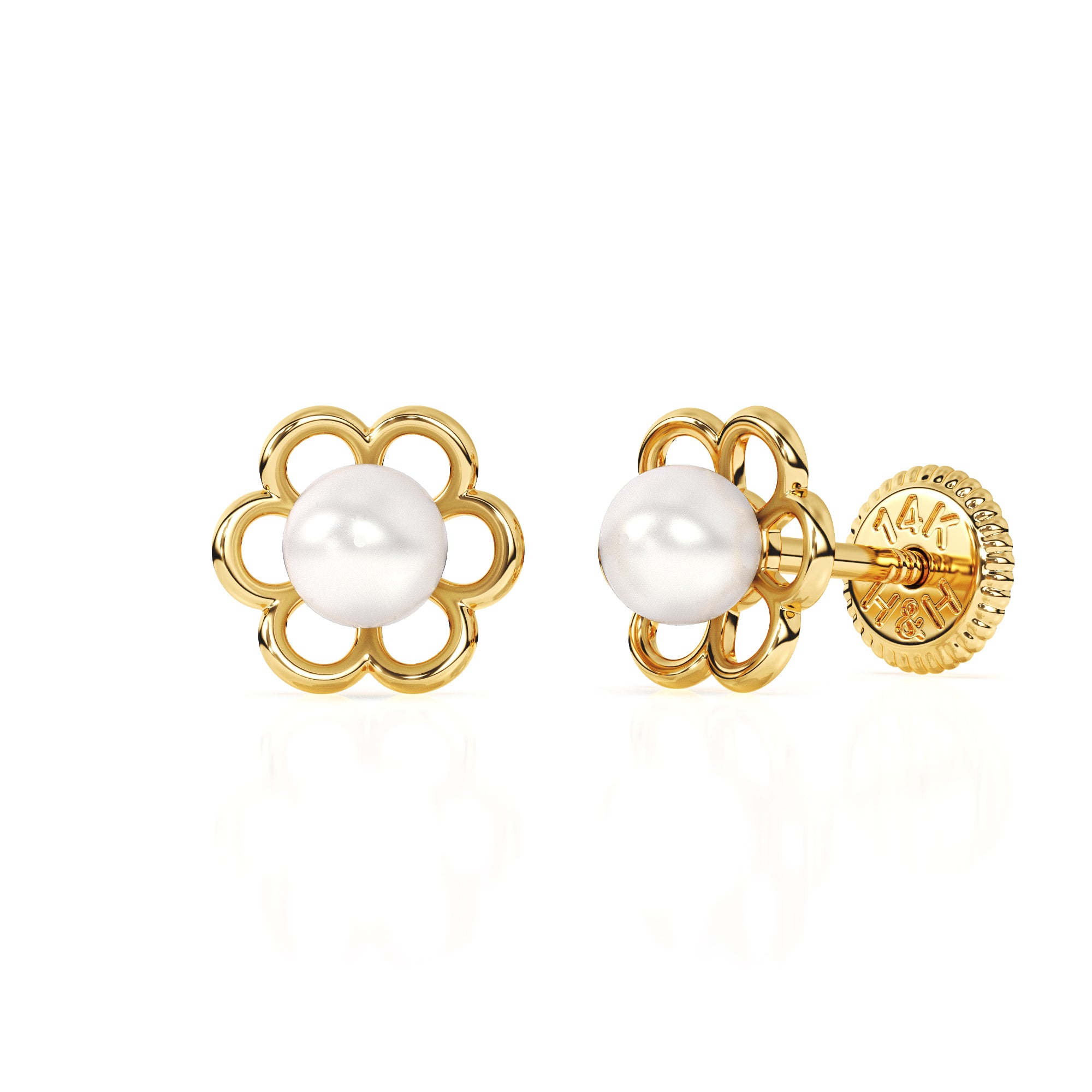Petals and Pearls, AAA-Pearl Stud Earrings - Solid 14K Gold, Screw Back, for Babies & Children