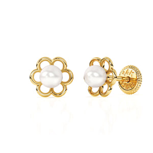 Petals and Pearls, AAA-Pearl Stud Earrings - Solid 14K Gold, Screw Back, for Babies & Children