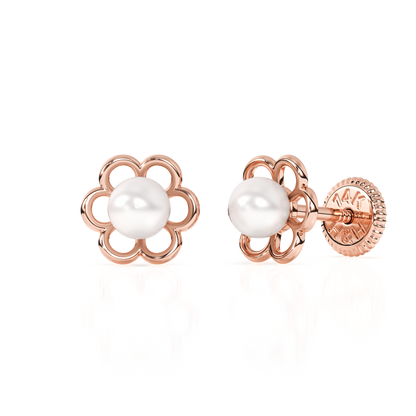 Petals and Pearls, AAA-Pearl Stud Earrings - Solid 14K Rose Gold, Screw Back, for Babies & Children