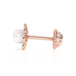 Petals and Pearls, AAA-Pearl Stud Earrings - Solid 14K Rose Gold, Screw Back, for Babies & Children