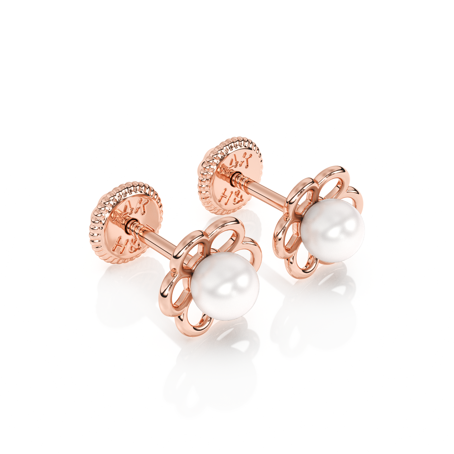 Petals and Pearls, AAA-Pearl Stud Earrings - Solid 14K Rose Gold, Screw Back, for Babies & Children