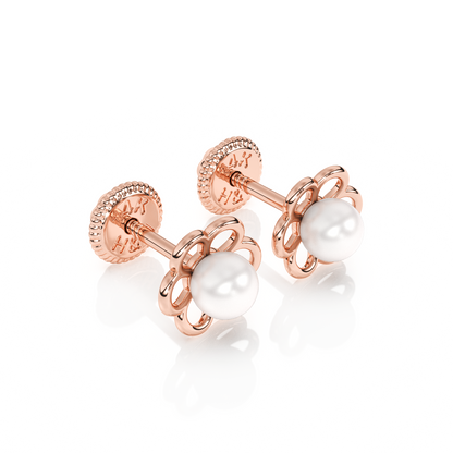 Petals and Pearls, AAA-Pearl Stud Earrings - Solid 14K Rose Gold, Screw Back, for Babies & Children