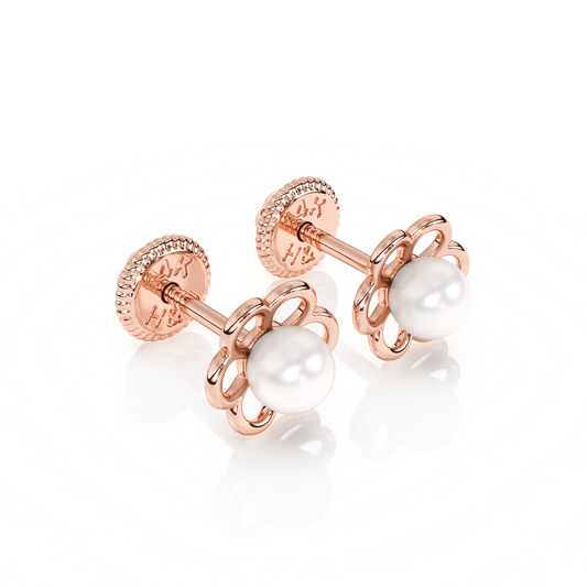 Petals and Pearls, AAA-Pearl Stud Earrings - Solid 14K Rose Gold, Screw Back, for Babies & Children