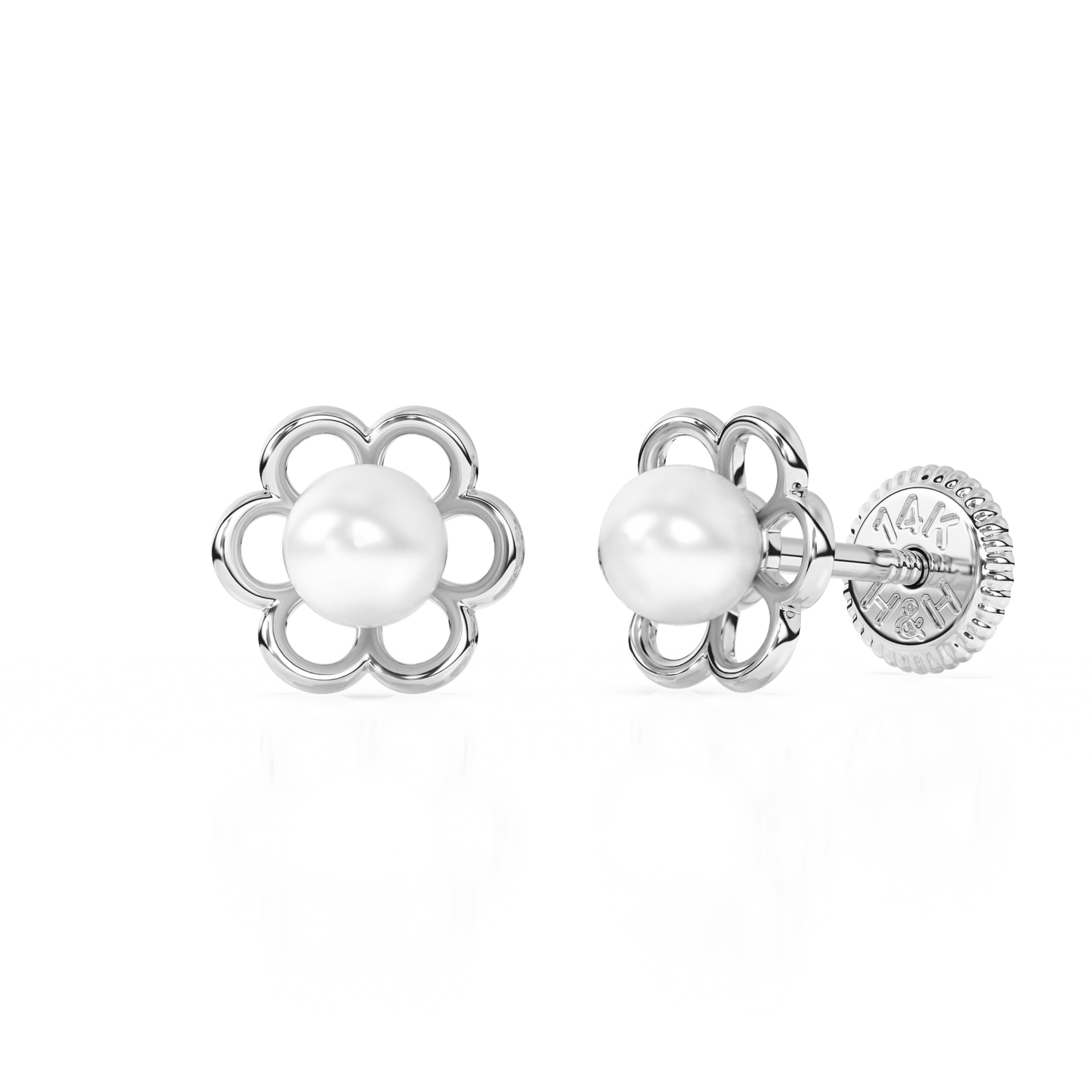 Petals and Pearls, AAA-Pearl Stud Earrings - Solid 14K White Gold, Screw Back, for Babies & Children