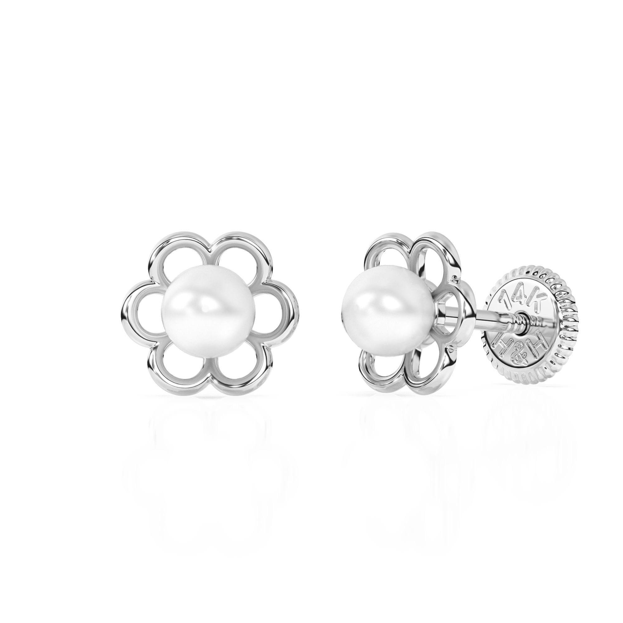 Petals and Pearls, AAA-Pearl Stud Earrings - Solid 14K White Gold, Screw Back, for Babies & Children