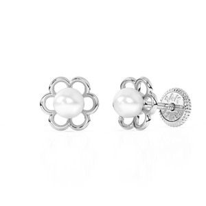 Petals and Pearls, AAA-Pearl Stud Earrings - Solid 14K White Gold, Screw Back, for Babies & Children