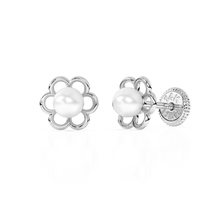 Petals and Pearls, AAA-Pearl Stud Earrings - Solid 14K White Gold, Screw Back, for Babies & Children