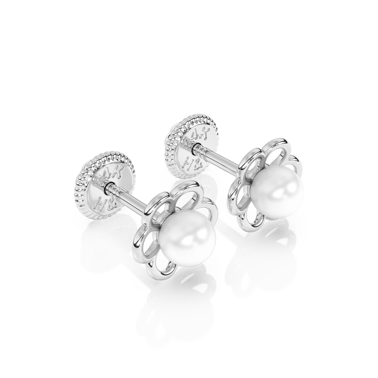 Petals and Pearls, AAA-Pearl Stud Earrings - Solid 14K White Gold, Screw Back, for Babies & Children