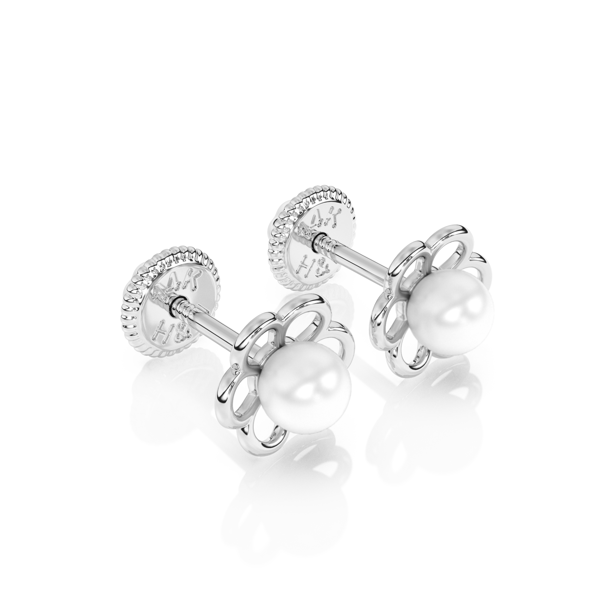 Petals and Pearls, AAA-Pearl Stud Earrings - Solid 14K White Gold, Screw Back, for Babies & Children