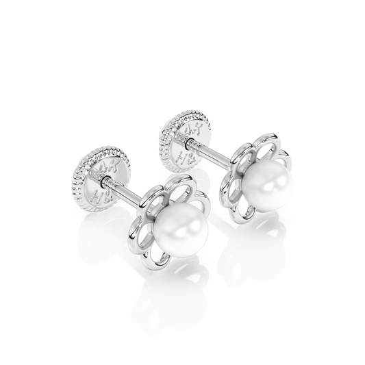 Petals and Pearls, AAA-Pearl Stud Earrings - Solid 14K White Gold, Screw Back, for Babies & Children