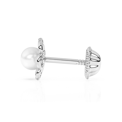 Petals and Pearls, AAA-Pearl Stud Earrings - Solid 14K White Gold, Screw Back, for Babies & Children