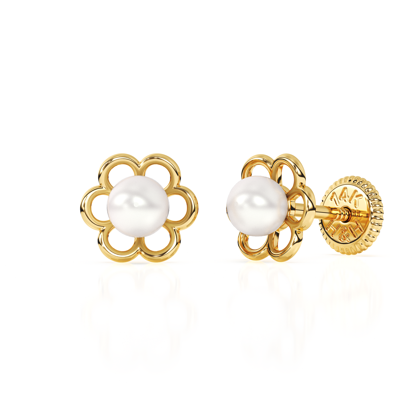 Petals and Pearls, AAA-Pearl Stud Earrings - Solid 14K Gold, Screw Back, for Babies & Children