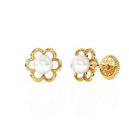 Petals and Pearls, AAA-Pearl Stud Earrings - Solid 14K Gold, Screw Back, for Babies & Children