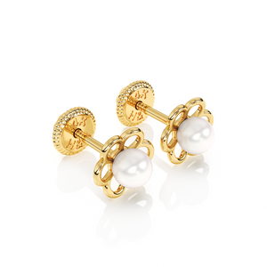 Petals and Pearls, AAA-Pearl Stud Earrings - Solid 14K Gold, Screw Back, for Babies & Children