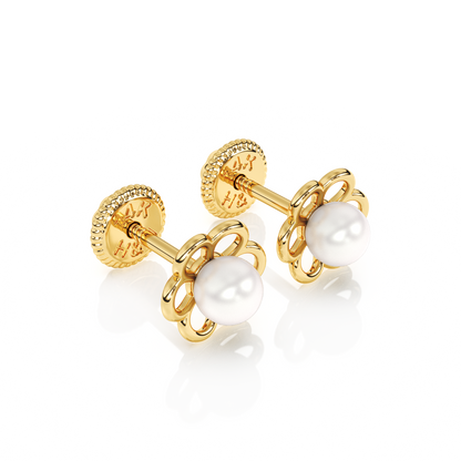 Petals and Pearls, AAA-Pearl Stud Earrings - Solid 14K Gold, Screw Back, for Babies & Children