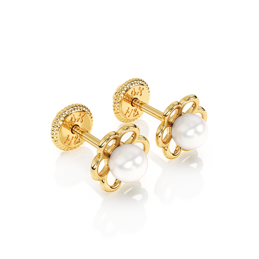 Petals and Pearls, AAA-Pearl Stud Earrings - Solid 14K Gold, Screw Back, for Babies & Children