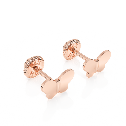 Petite Butterfly, Stud Earrings - Solid 14K Rose Gold, Screw Back, for Babies & Children