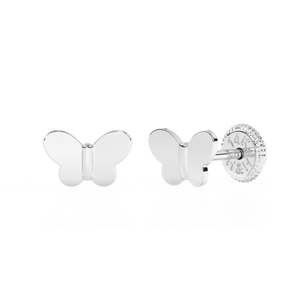 Petite Butterfly, Stud Earrings - Solid 14K White Gold, Screw Back, for Babies & Children