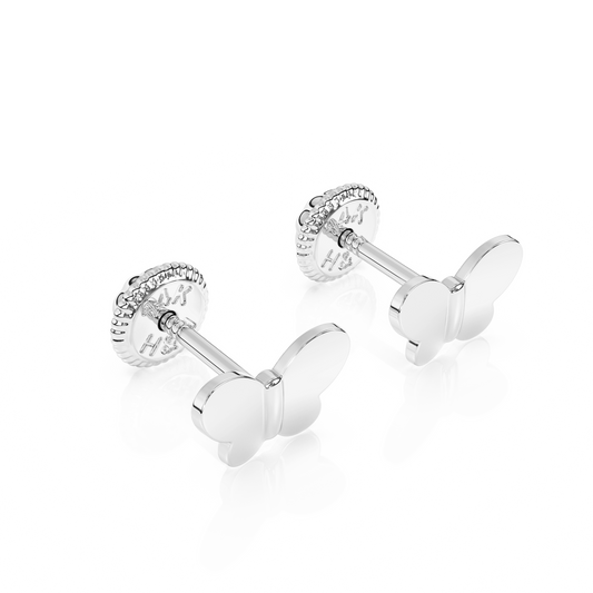 Petite Butterfly, Stud Earrings - Solid 14K White Gold, Screw Back, for Babies & Children