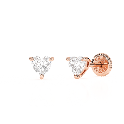 Petite Heart, Clear Heart CZ, Stud Earrings - Solid 14K Rose Gold, Screw Back, for Babies & Children