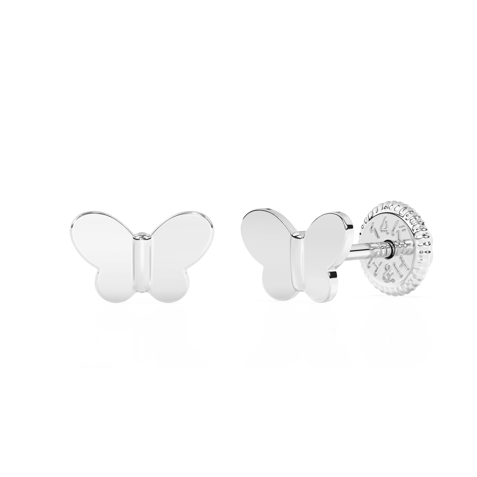 Pendientes de mariposa pequeños de oro blanco macizo de 14 quilates con cierre de rosca para bebés y niños.