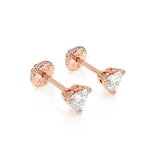 Rose gold clear CZ heart stud earrings with screwback post.