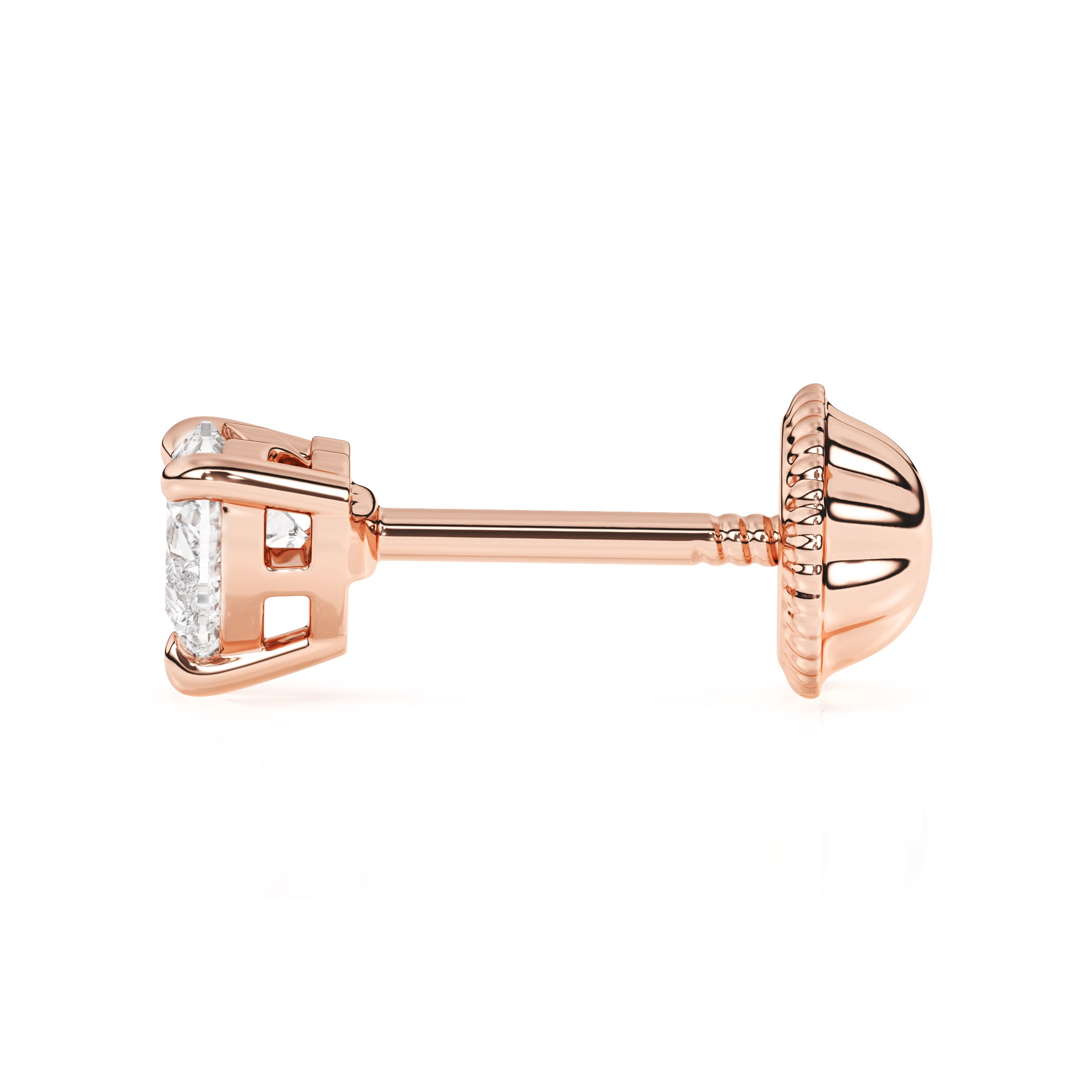 Rose gold clear CZ heart stud earrings with screwback post.
