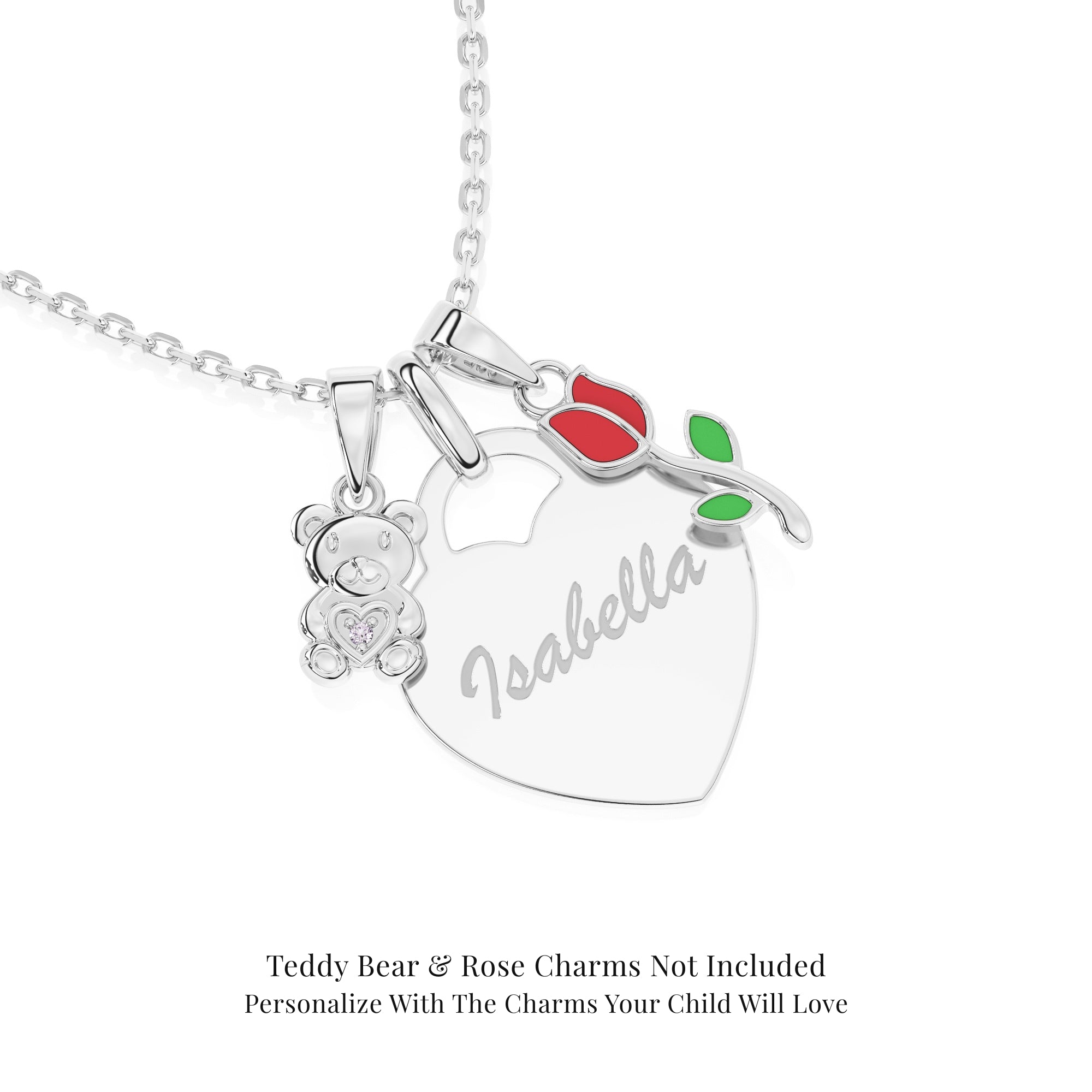 Sterling silver heart-shaped pendant with a rose and teddy bear charm on a white background.