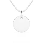 Sterling silver necklace with a round pendant on a white background.