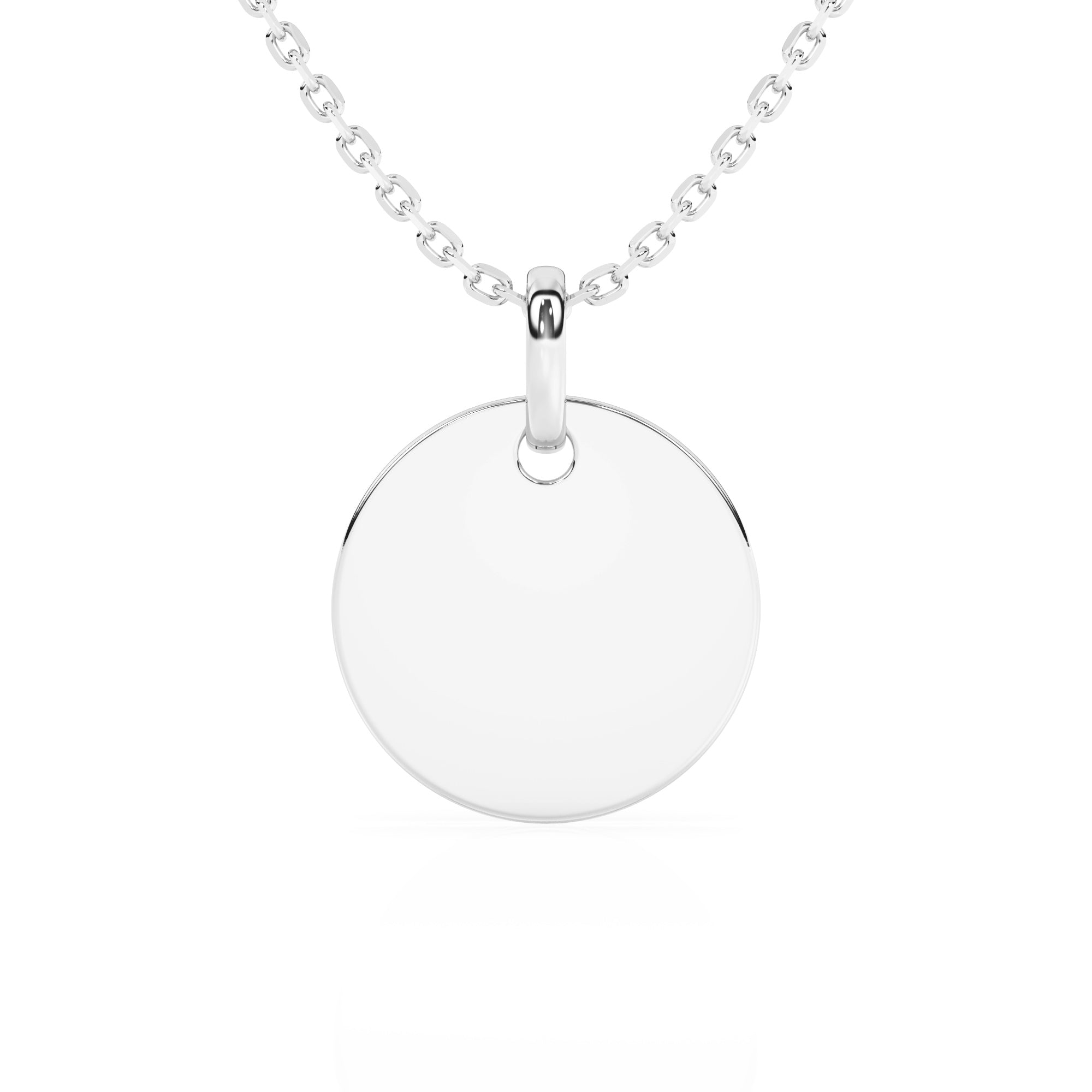 Sterling silver necklace with a round pendant on a white background.
