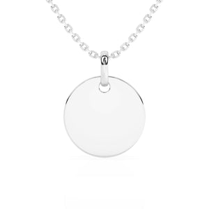 Sterling silver necklace with a round pendant on a white background.