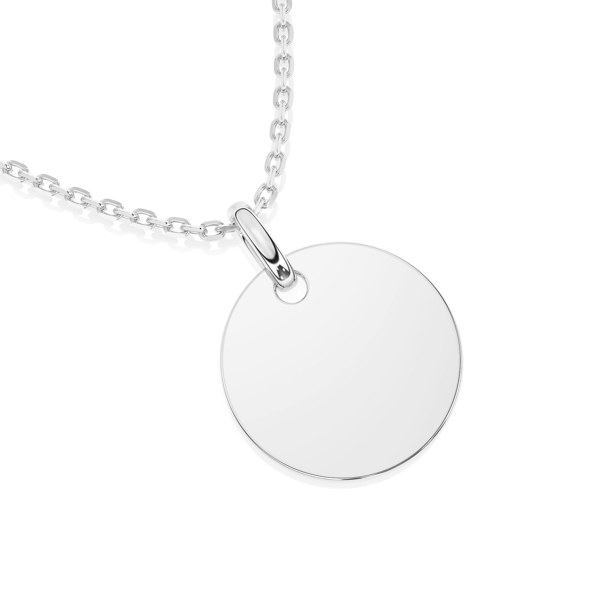Sterling silver necklace with a round pendant on a white background.