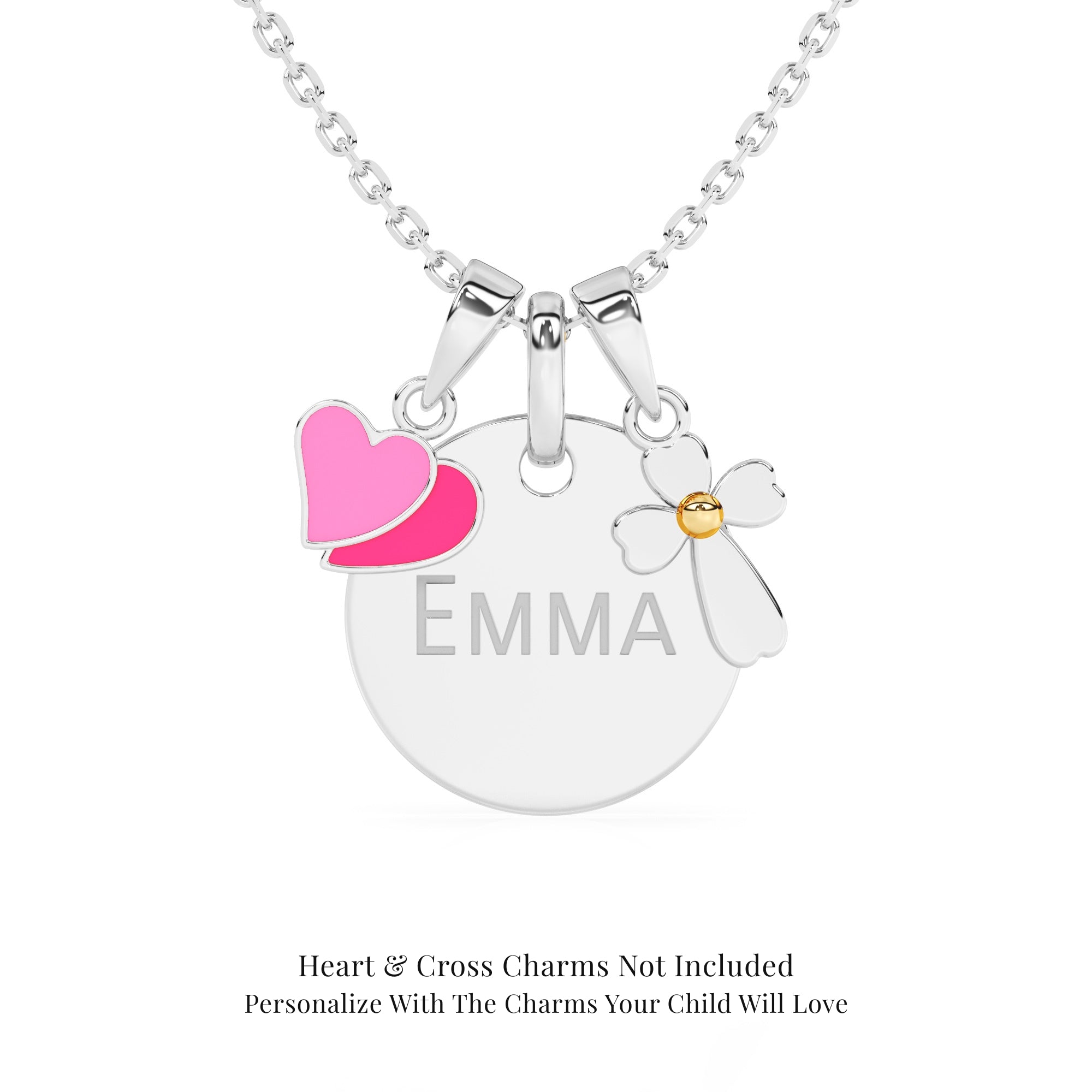 Sterling silver necklace with round pendant, heart-shaped, and cross charms on a white background.