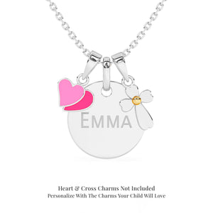 Sterling silver necklace with round pendant, heart-shaped, and cross charms on a white background.